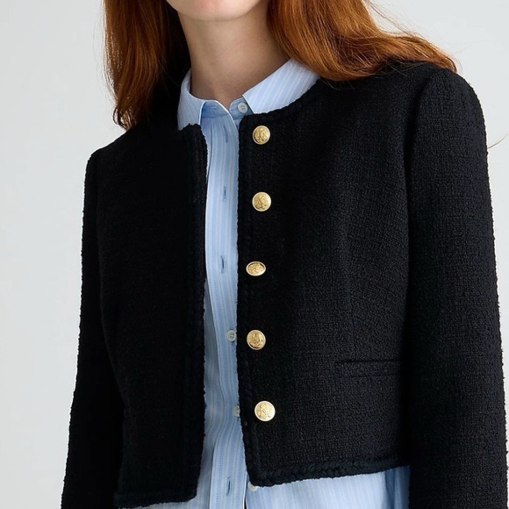 J Crew black Louisa lady jacket in textured tweed with gold buttons. Sz 12 NEW